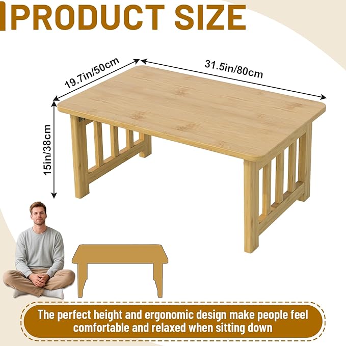 Japanese Folding Floor Coffee Table, Bamboo Foldable Low Table for Sitting On The Floor No Assembly Portable Tea Table Chabudai Table for Tatami, Bay Window, Meditation, Altar (Wood Color)