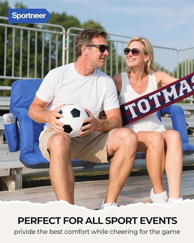 Sportneer Stadium Seats with Back Support: 2.5'' Thick Comfy Cushion 6 Adjustable Angle Bleacher Seat with Armrest - 2 Large Pockets, 2 Cup Holders Stadium Chair for Sport Events Concerts Parks
