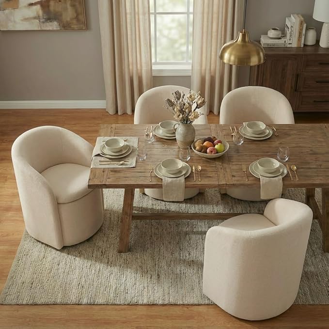 Upholstered Dining Chairs with Casters, Rolling Modern Dining Room Chairs with Hidden Storage & Barrel Backrest, Easy Assembly Accent Chair for Bedroom, Living Room, Dressing, Sand Fabric,4PCS