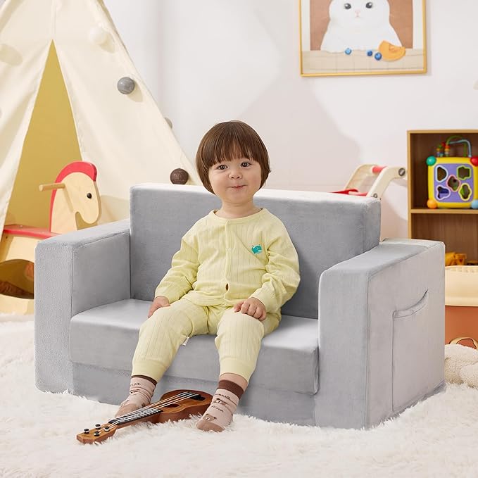 Kids Couch, 2-in-1 Toddler Chair Comfy 1-3 Years, Convertible Kids Chair, Toddler Couch That Fold Out, Kid Lounge Chairs for Boys and Girls, Soft Coral Fleece, Double, Grey