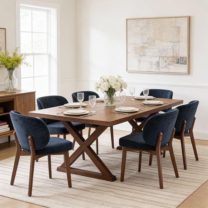 YOUNUOKE Upholstered Dining Chairs Set of 6, Modern Chenille Fabric Dining Room Chair with Wood Legs, Widen Backrest Comfy Armless Side Kitchen Chairs, Blue