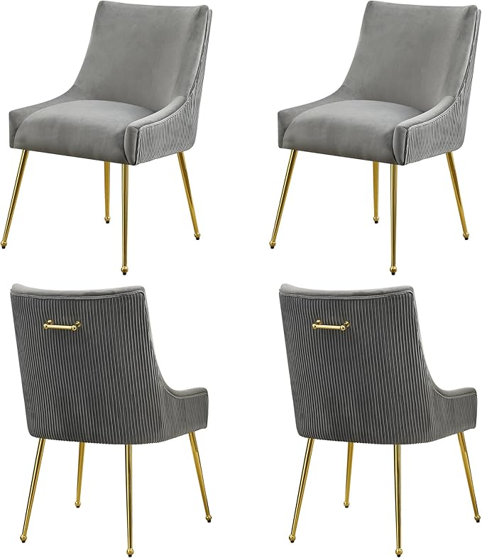WUTUTUEE Velvet Dining Chairs Set of 4 Gold Legs,Upholstered Velvet Accent Chairs, Pleated Back Design & Gold Pull Handle, Mid Century Modern Chairs for Dining/Kitchen/Living Room,Light Grey