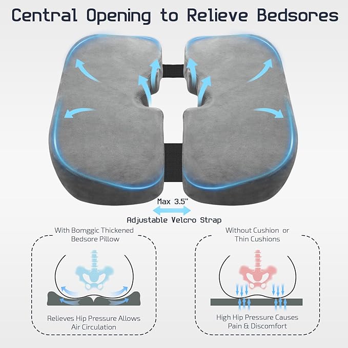 Memory Foam Bed Sore Cushions for Butt & Tailbone, Pressure Relief Cushion for Long Sitting, Donut Pillow for Tailbone, Perfect for Office, Bed, Car, Wheelchair Use (Gray)