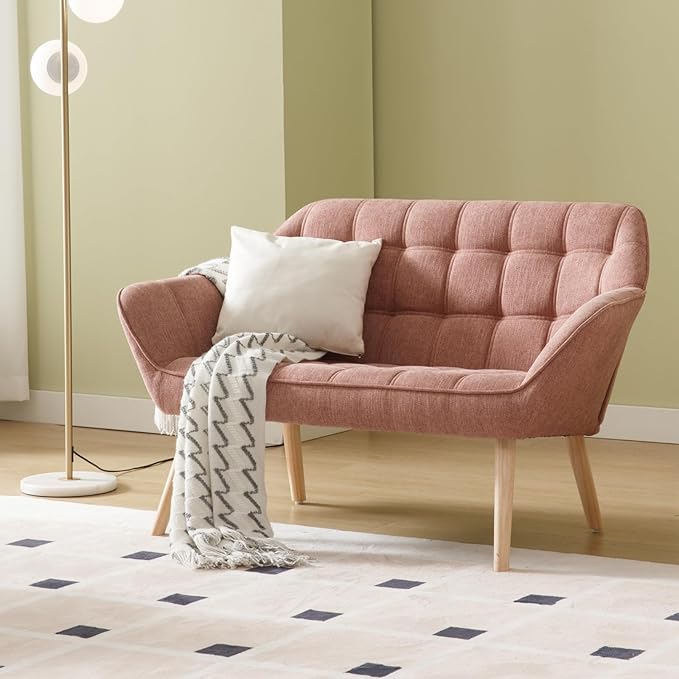 QUINJAY 48" Small Loveseat Sofa, Modern Linen Fabric Mini Sofa Couch 2-Seater Love Seat with Quilting Backs and Wood Legs for Living Room, Bedroom and Small Space, Pink