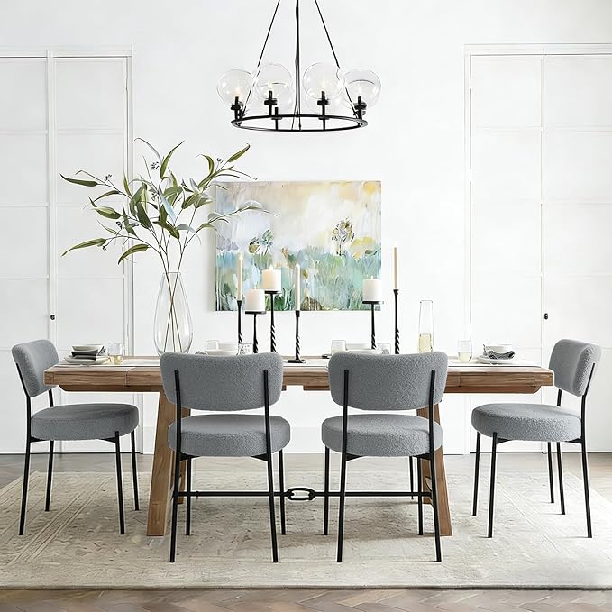Stabrech Grey Boucle Dining Chairs Set of 8, Upholstered Dinner Chair with Metal Frame, Dining Room Chairs with Padded Seat, Round Modern Seating for Living Room