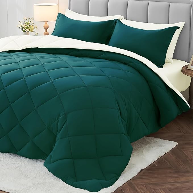 MUXHOMO 7 Pieces Full Comforter Set, Reversible Bed in a Bag Full Size, All Season Bedding Set with Comforter, Flat Sheet, Fitted Sheet, Pillowcases & Shams, Peacock Blue & Ivory