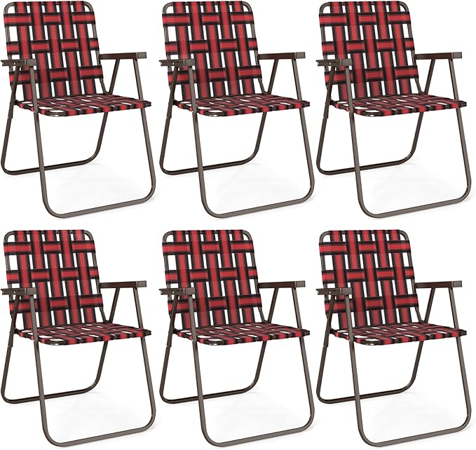 GYMAX Lawn Chair Folding, Webbed Beach Lounge Chairs Set with Highback, Outdoor Portable Lightweight Camping Dinning Chair for Patio, Lawn, Poolside, Sports, Garden, Backyard (6,Red)