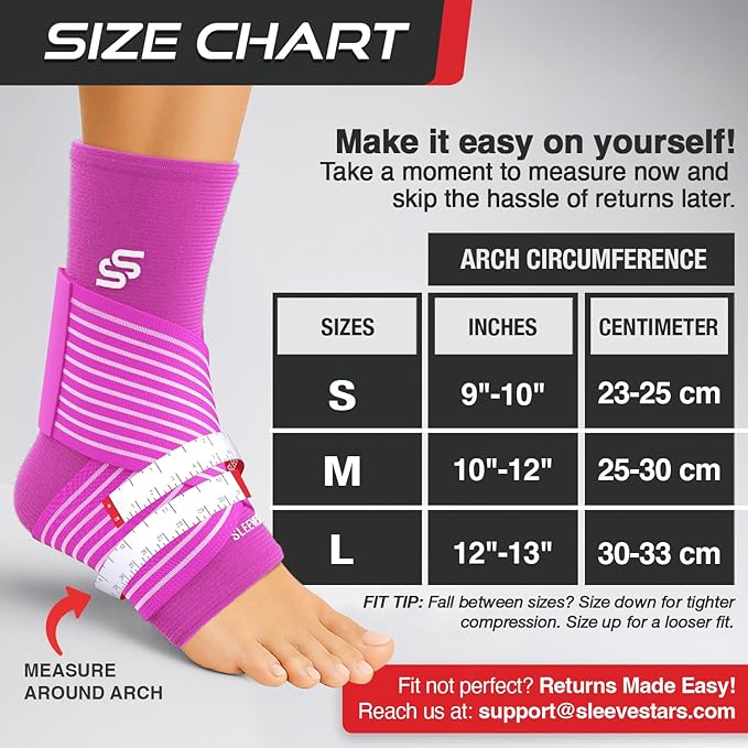 Sleeve Stars Ankle Brace for Women & Men, Ankle Wrap for Sprained Ankle, Compression Sleeve for Plantar Fasciitis Relief, Easy Customizable Support: w/Removable Strap (Single/S:9"-10"/Hot Pink)
