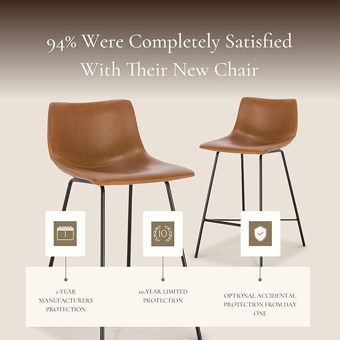 POLY & BARK Paxton Leather Counter Stools 24 Inches – Set of 2 - Counter Height Bar Stools with Back – Modern Barstools for Kitchen Island or Counters – Faux Leather & Matte Black Steel Base – Tan