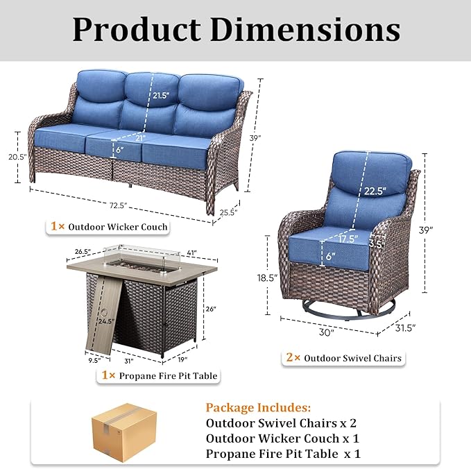 Pugire Luxury High Back Patio Furniture Set with 6-Inch Thick Cushions, 4-Pieces Outdoor Furniture with Swivel Chairs Fire Pit, Wicker Conversation Set for Porch, Balcony, Deck and Yard, Brown/Blue