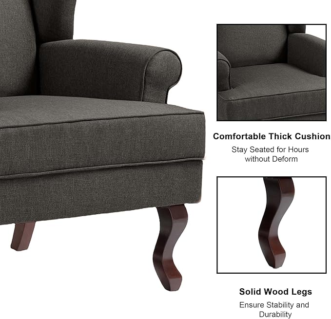 DREAMSIDEA Accent Chair, High Back Upholstered Armchair with High Resilience Sponge & Wood Legs, Mid-Century Modern Comfy Single Sofa Reading Chairs for Living Room, Bedroom (Dark Grey, Set of 2)