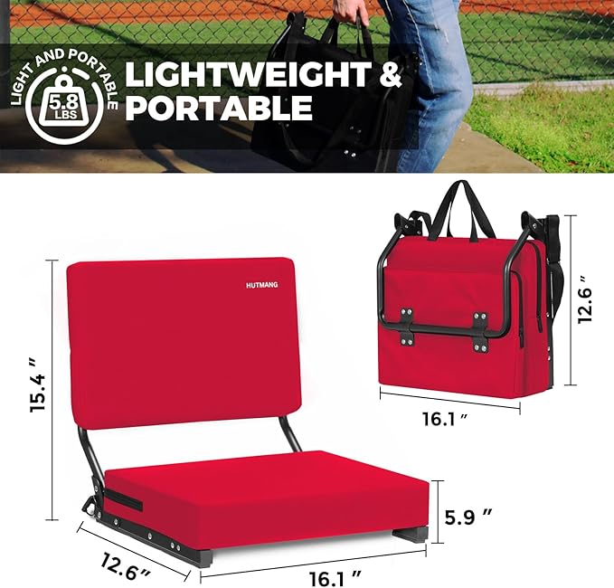 HUTMANG Stadium Seating for Bleachers, Wide Stadium Seats for Bleachers with Back Support,Portable Stadium Seat Folding Padded Comfort Stadium Chair with Shoulder Strap,Perfect for Sports Events(Red)