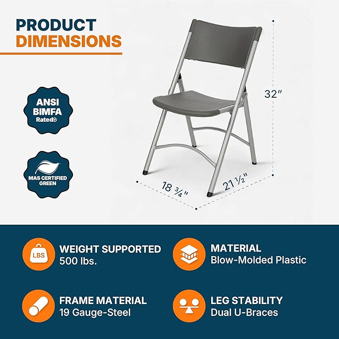 OEF Furnishings OEF600 Series High Back Folding Chairs, Blow-Molded Polyethylene Commercial-Grade Seating for Indoor and Outdoor Use, 500 lb Weight Capacity, 4-Pack (Charcoal Gray)