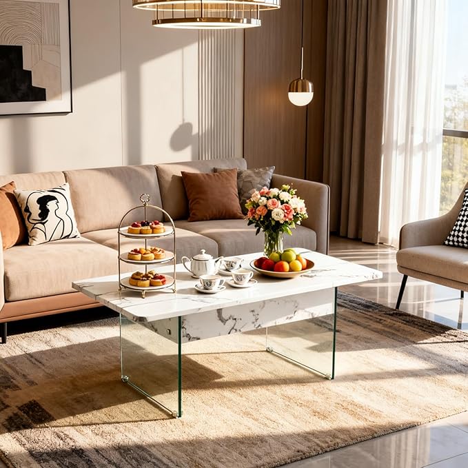 HanStrong 43.3" Lift-Top Coffee Table with Storage,Marble & Tempered Glass Space-Saving for Living Room,Office,White