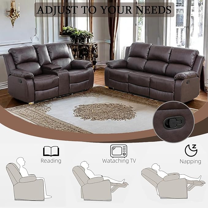 Caberryne 2 Pieces Leather Recliner Sofa Set，Recliner Sofa and Loveseat Sets for Living Room Furniture，Brown Reclining Couch with 4 Recliners for Living Room/Office/Theater Seating(Sofa Set 2 Pieces)