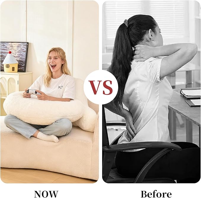 PAJEO Reading Pillow for Bed,U Shaped & Back Support Pillow for Bed,17" Backrest with Lumbar & Arm Support,Luxurious Faux Rabbit Fur,Gaming PillowFor Crochet/Reading/Watching TV,White