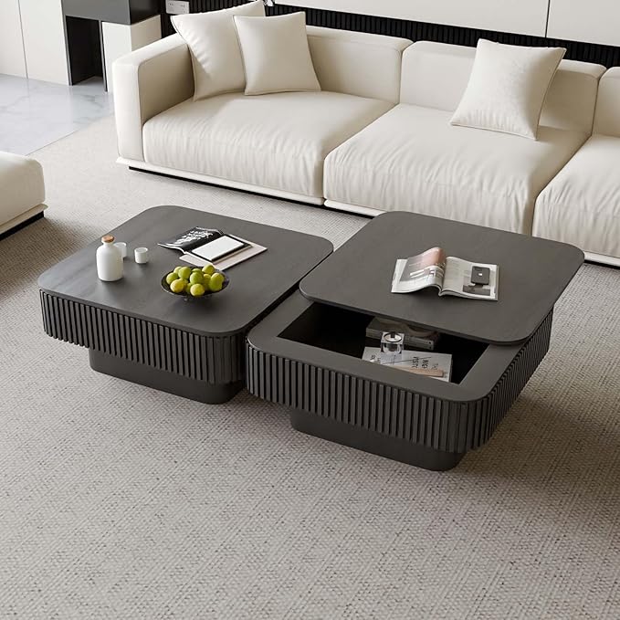 FGXJY Square Small Coffee Table with Storage, Modern Wooden Coffee Table with Solid Wood Veneered, Fluted Center Table Drum Tea Table for Living Room Apartment, 31.5''L×31.5''W×14''H