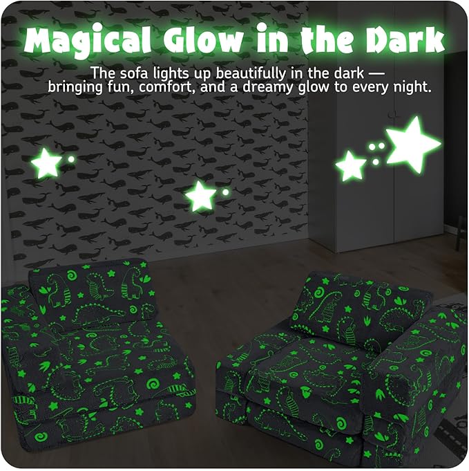 MeMoreCool 10-Piece Kids Play Couch – Modular Foam Sofa Set for Playroom, Fold-Out Convertible Toddler Furniture | Glow-in-The-Dark Dino Design, Washable Covers, Imaginative Play for Boys & Girls