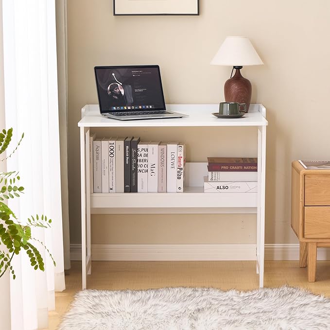 KEIKI 32.6" Folding Table with Storage Shelf, Foldable Computer Desk for Small Spaces, Space-Saving Study Table for Bedroom Home Office Dorm and Apartment, Ancient White