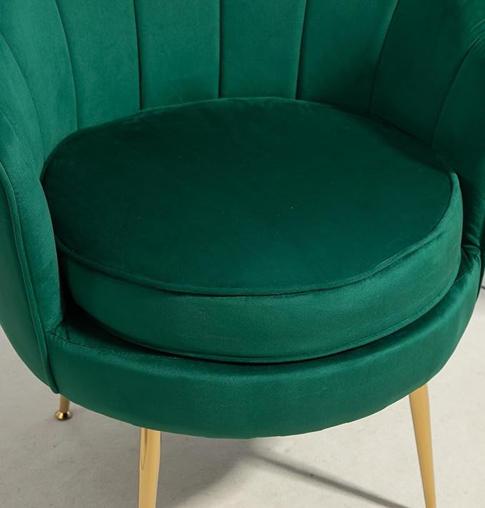 Container Furniture Direct Velvet Barrel Accent Chair with Scalloped Silhouette and Gold Metal Legs, Decorative Piece Suitable for Traditional, Modern, and Contemporary Spaces, Green