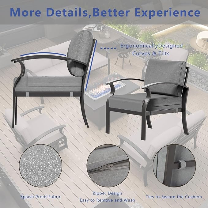 RTDTD Aluminum Outdoor Patio Furniture Set,4 Pieces 7 Seats Patio Conversation Sets with 45" Propane Fire Pit Table,Metal Patio Sectional Furniture Set w/5.1" Cushions for Porch,Deck,Backyard,Grey