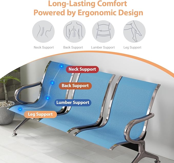 Kinfant 3-Seat Waiting Room Chair - Office Guest Reception Chairs with Ergonomic Backrests, Airport Waiting Bench with Armrests, Metal Waiting Furniture for Hospital, Bank, Salon, (Blue, Set of 4)