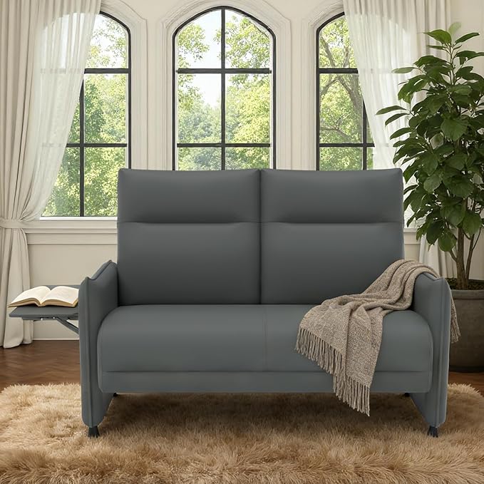 Faux Leather Loveseat, Upholstered Loveseat with Hidden Foldable Tray & Side Pocket, Front Contour Arm Design, Modern 2-Seater Sofa Couch for Compact Spaces, Gray