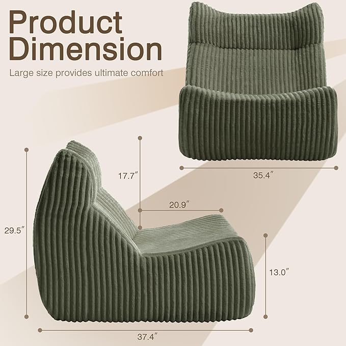 Big Bean Bag Chairs, Lazy Floor Sofa, Fireside Chair for Living Room, Bedroom, Office (Green, Single Seat)
