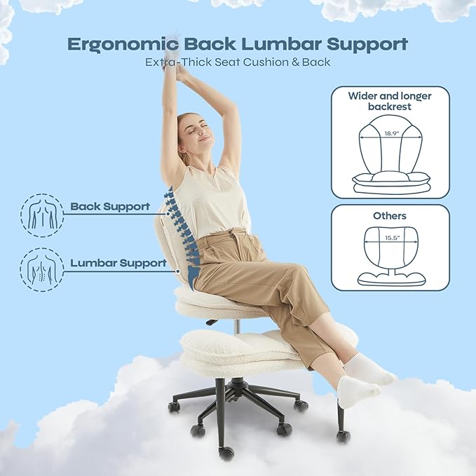 Ergonomic Cross Legged Office Chair for ADHD, Kneeling Chair with 360° Swivel Wheels and Reversible Seating for Meditation, Adjustable Height and Seat Deapth, Teddy Fabric, White