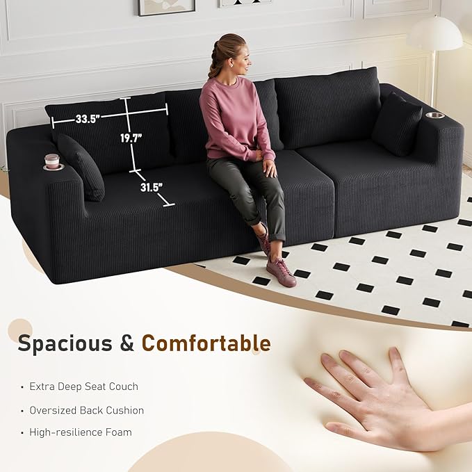 Furnimart 112" Oversized 3 Seater Sleeper Couch, Sectional Sofa Bed Boneless Cloud Couches for Living Room, Modern Deep Seat Modular Sofa, No Assembly Corduroy Black