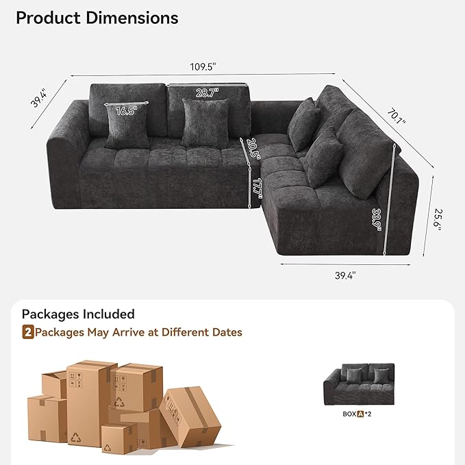 110''Modular Sectional Couches for Living Room, Cloud Boneless Compressed Sofa Right Facing Chaise, Oversized L Shaped 4 Seater Memory Foam Sofa, No Assembly, Chenille Grey