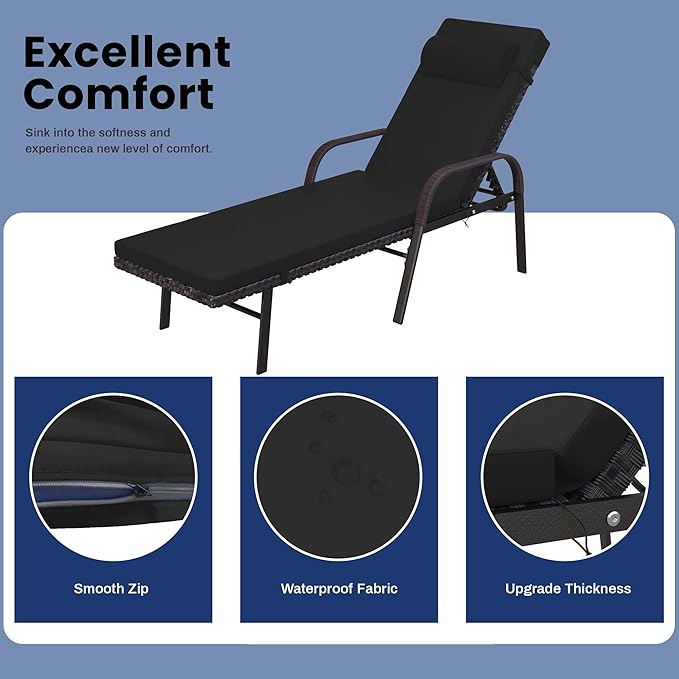 Trumbeak Patio Chaise Lounge Set 3 Pieces Pool Lounge Chairs,Cushioned Outdoor Folding Lounge Chair w/Arm and Rattan Adjustable Backrest for Poolside Porch,Folding Table Included,Black