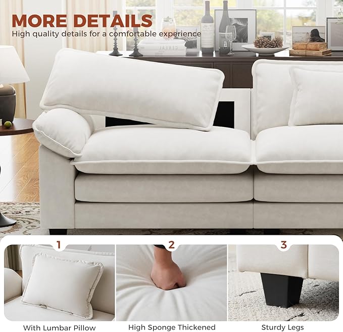 CDCASA 154" Oversized Modular Sectional Sofa, Comfy U-Shaped Cloud Couch w/ 3 Movable Ottomans, 7-Seater Velvet Deep Seat Modern Sofa Couch for Living Room, DIY Combination, Beige