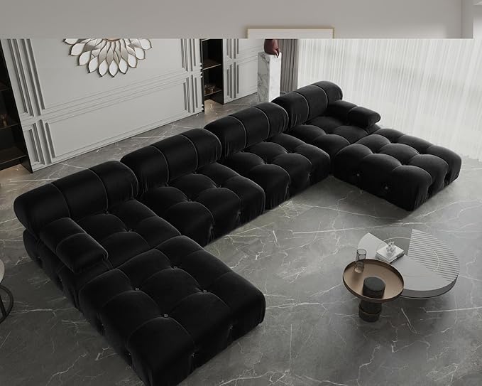 JACH 138" Modular Sectional Couch, U-Shaped Minimalist Velvet Sofas with Chaise Ottomans, Convertible Modern Deep 6-Seat Sofas Furniture for Living Room, Apartment (Black)