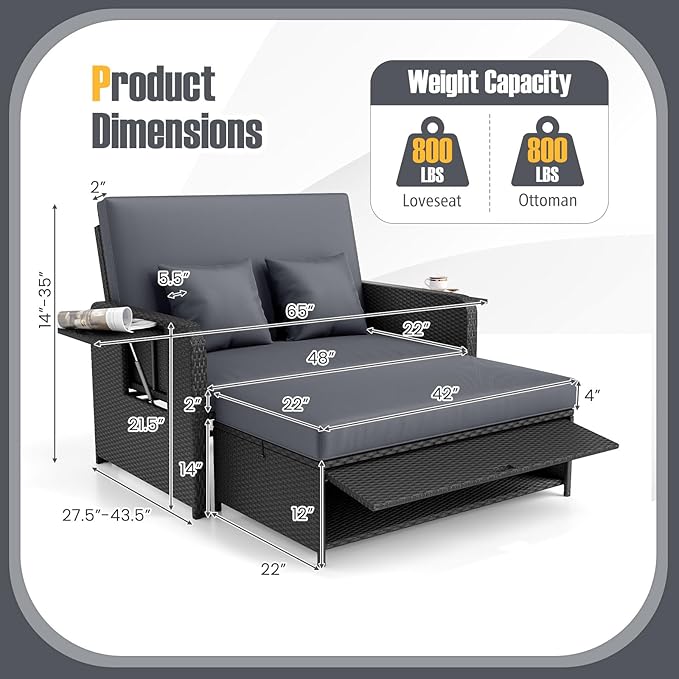 RELAX4LIFE Wicker Patio Outdoor Daybed - Rattan Day Bed Lounger w/Loveseat & Storage Ottoman, Sunbed Sofa Set w/Cushions, 4-Level Adjustable Backrest & 2 Retractable Trays, Patio Daybed (Grey-Black)