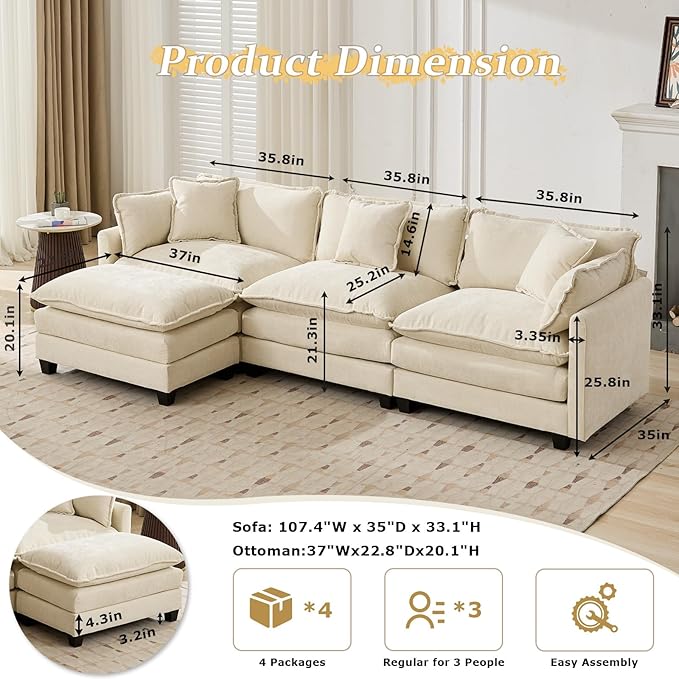 SoarFlash Chenille Sectional Sofa Ottoman,Beige