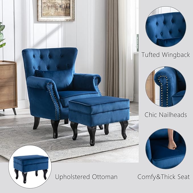 Janoray Mid Century Modern Accent Chair Upholstered Armchair Comfy Velvet Tufted Wingback Single Sofa with Ottoman for Bedroom Living Room, Blue