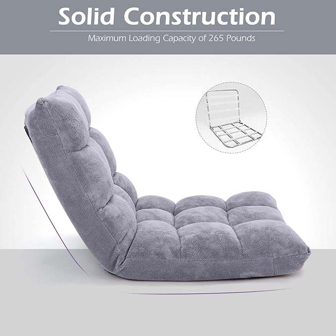 COSTWAY Floor Chair, Video Gaming Chairs with Back Support, Adjustable 14-Position, Alloy Steel Frame, Soft Coral Fleece, Lazy Sofa Lounge for Reading Living Room Recliner for Adults Kids, Grey
