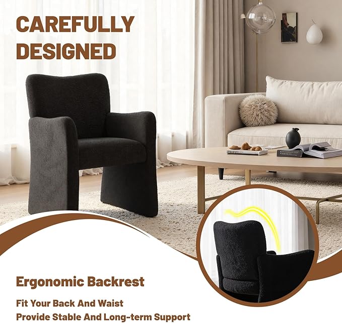 CIMOTA Boucle Dining Chairs Set of 4, Sherpa Upholstered Accent Chairs with Arms/Wood Legs, Comfortable Kitchen Chairs for Living/Reception/Dining Room, Black