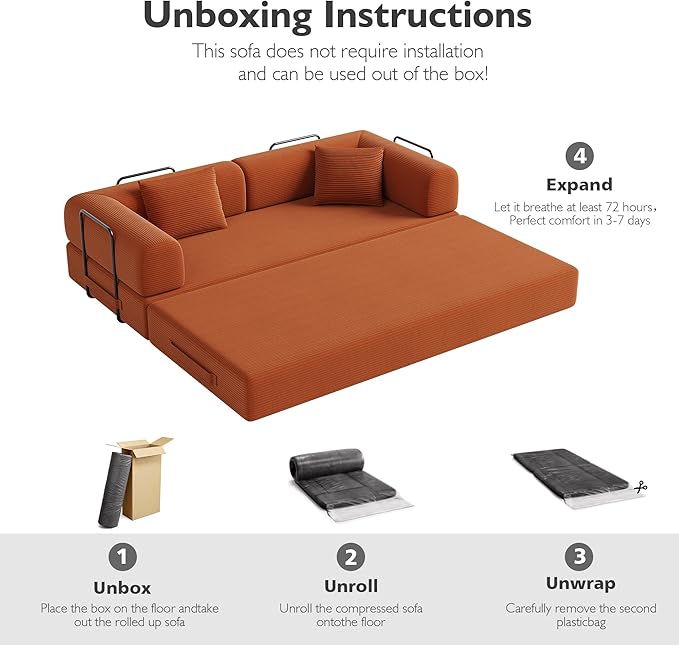 79 Inch 5-in-1 Convertible Sofa Bed, Corduroy Boneless Floor Couch with Fixed Frame & Pillow, Modular Folding Mattress Lounger for Small Space, Living Room, Bedroom - Easy Assembly(Orange)