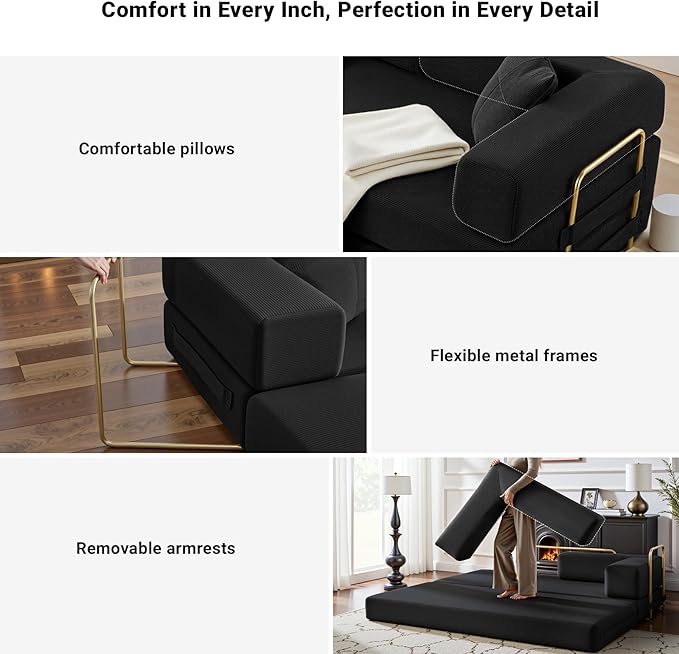 78" Convertible Sleeper Sofa Bed, Corduroy Folding Sofa Bed with Fixed-Shape Frame, Fold Out Floor Mattress Couch, Lazy Compression Sofas for Living Room, Bedroom, No Assembly Required, Black