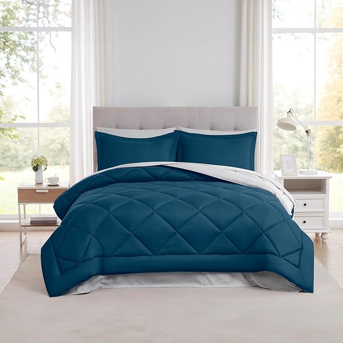 Modern Threads 7-Piece Reversible Comforter Set - Bedding Ensemble with Comforter, Sheets, Pillowcases, and Shams, Navy Cal King