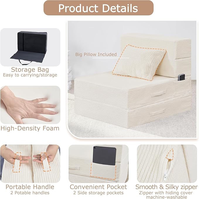 HILERO Folding Sofa Bed, 4 in 1 Convertible Sleeper Chair with Pillow, Single Memory Foam Fold Out Chair Bed, Modern Floor Futon Sofa Couch Mattress for Living Room/Guest/Apartment,Beige