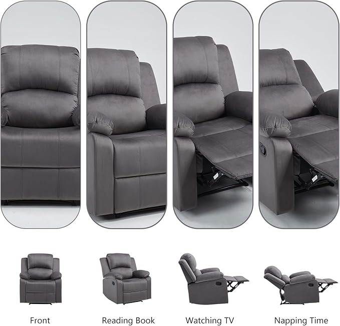 CANMOV Manual Recliner Chair Set of 2, Soft Fabric Overstuffed Recliner Single Sofa Chair for Living Room Bedroom, Heavy Duty and Safety Reclining Mechanism, Dark Grey