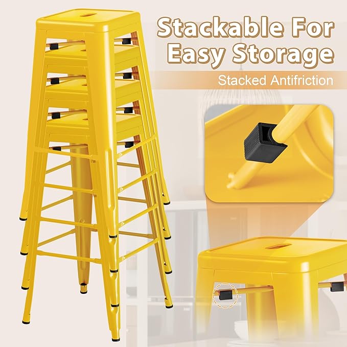 Furmax 30 Inch Metal Bar Stools Set of 4, Counter Height Backless Stools, Industrial Bar Chairs Patio Stool Stackable Backless Stool for Kitchen/Dining Room/Bistro/Patio Indoor Outdoor (Yellow)