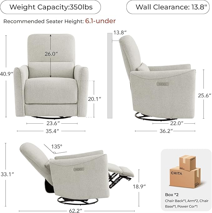 CHITA Oversized Power Recliner Chair Swivel Glider for Big and Tall, FSC Certified Living Room Nursery Rocking Chair with Lumbar Support, Dove Grey