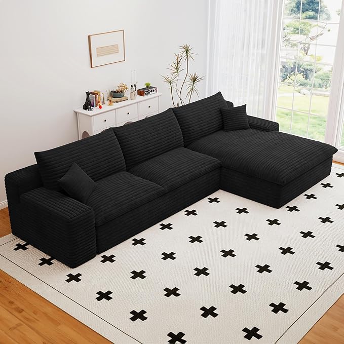107" Cloud Sectional Couch with L-Shape Chaise, Modern Corduroy Viral Boneless Sofa for Living Room,Memory Foam Couches in a Box with Deep Seat,No Assembly Required (Jet Black,Right-Facing Chaise)
