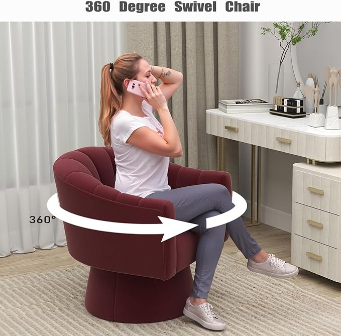 Swivel Accent Chair Set of 2, Upholstered Velvet 360° Swivel Barrel Chair for Living Room Overstuffed Bouncle Reading Chair Round Armchair for Bedroom,Vanity,Office (Red)