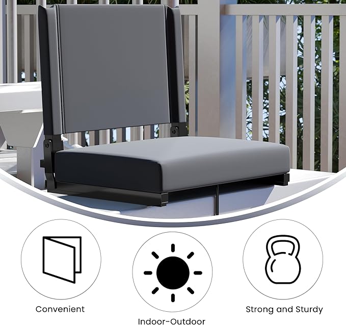 Flash Furniture Grandstand Portable Stadium Seats for Bleachers or Benches, Folding Padded Stadium Chairs with Handle, Pack of 2, 500 lb. Weight Capacity, Gray