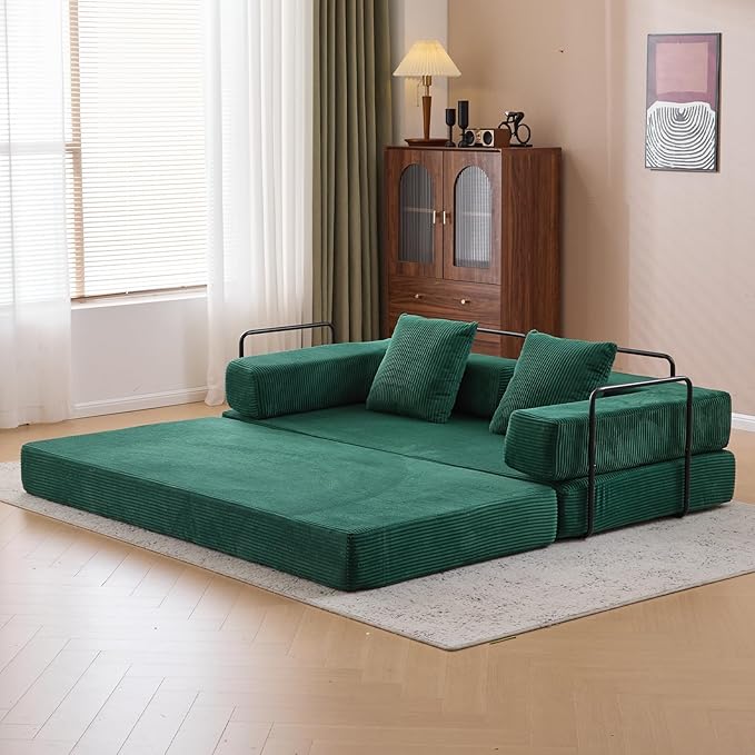 77" Convertible Foldable Floor Couch, 3-Seat Futon Sleeper Sofa for Living Room, Bedroom, or Apartment, with Pillow Backrest and Armrests, Corduroy Fabric, No Assembly Required, Dark Green